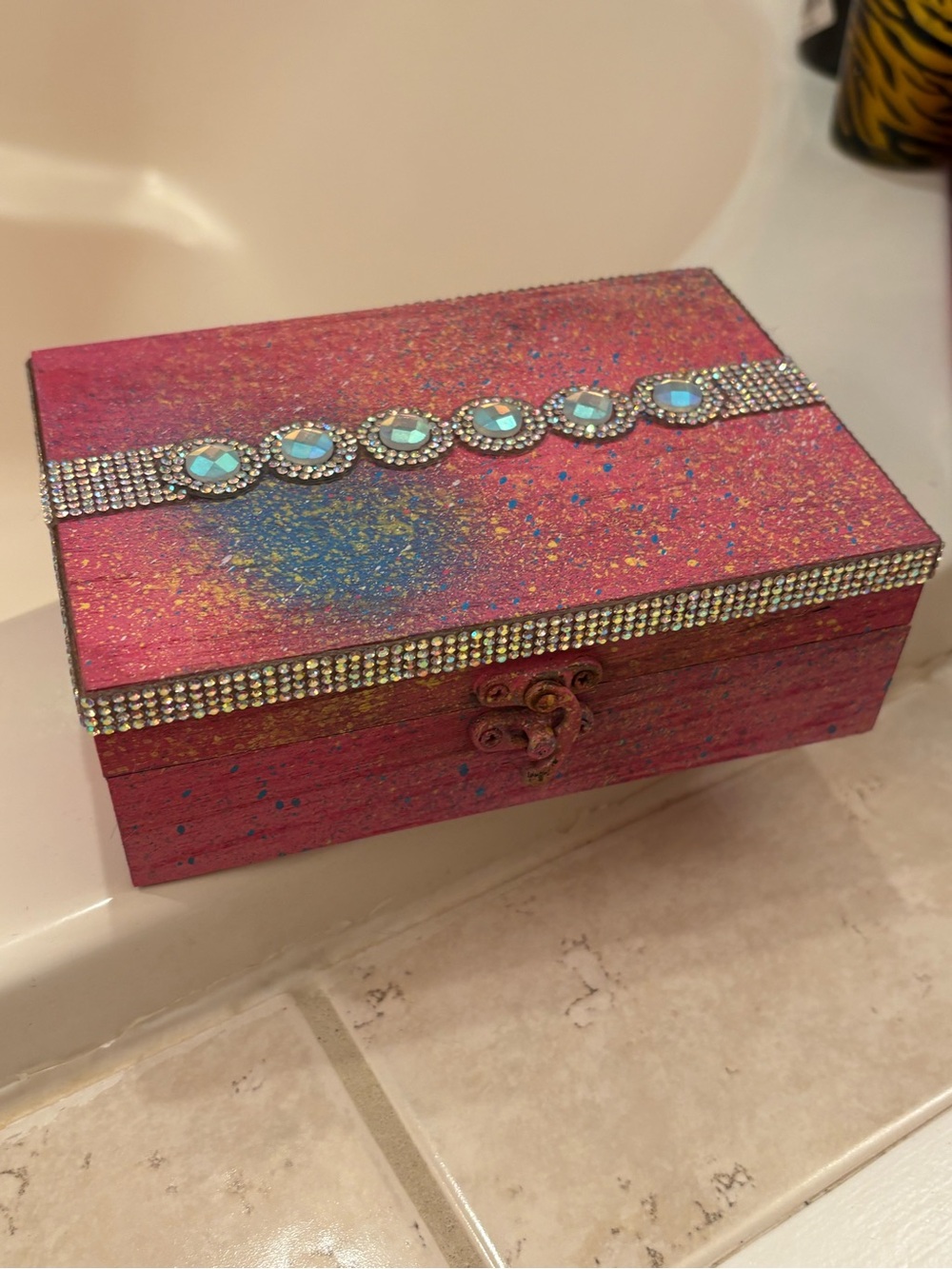 Handcrafted “Rainbow Splash” Decorative Jewelry Box with Rhinestone Accents!